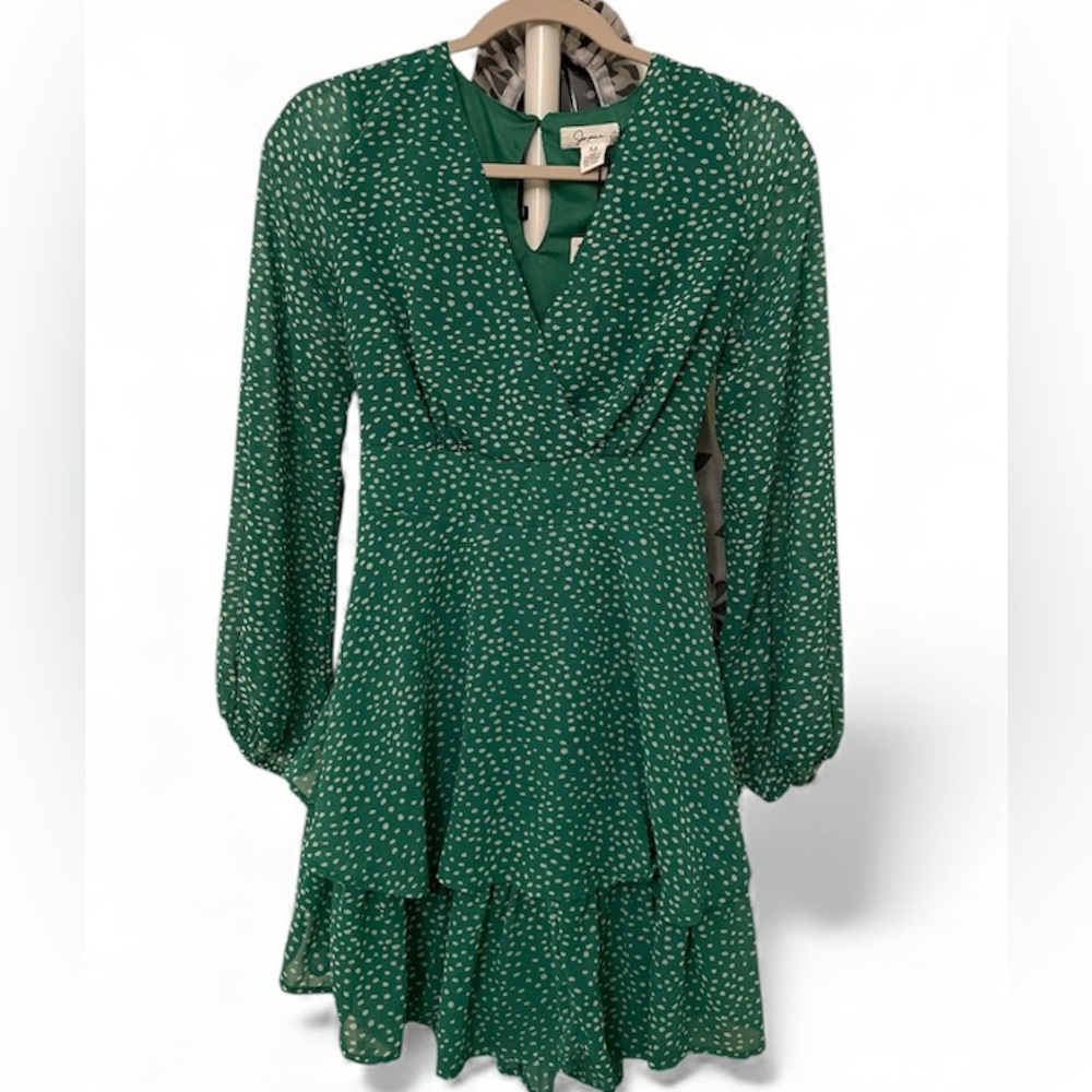Japna NWT Green Long Sleeve Dress with White Polka Dots V Neck Flirty Short